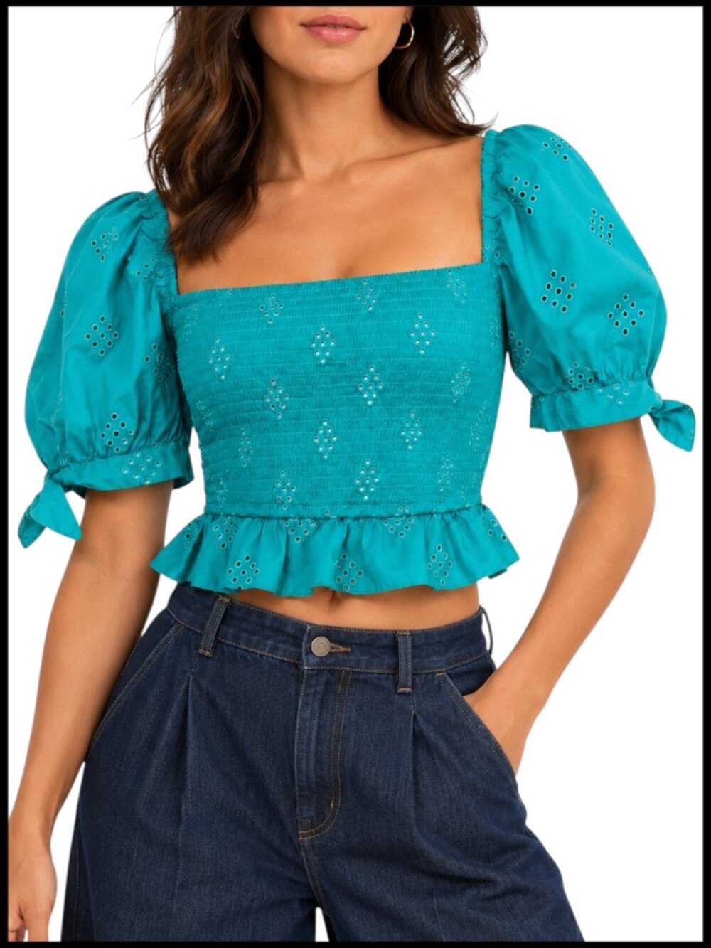 Zara Crop Top Turquoise Teal Eyelet Smocked Puff Sleeve S